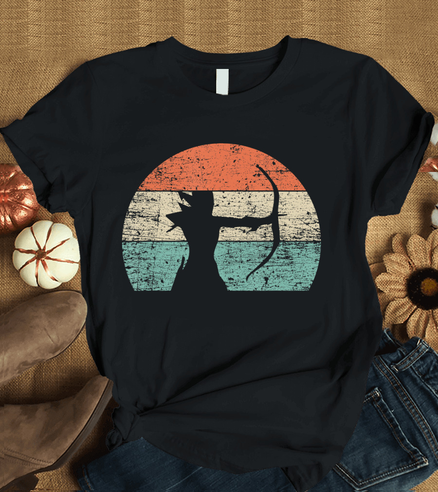 Retro Vintage Archery Archer Silhouette in Distressed Sunset Circle T-Shirt