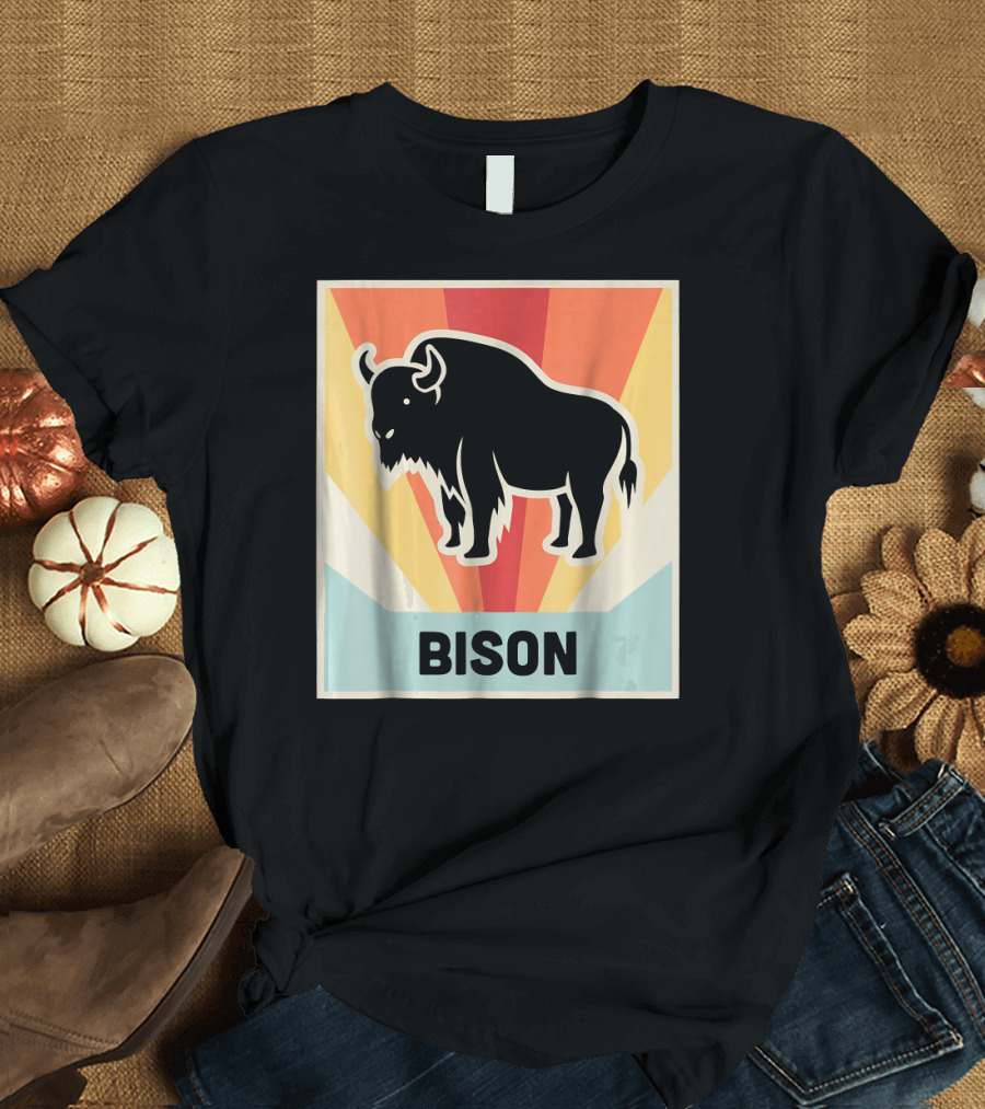 Retro Vintage BISON Silhouette with Colorful Sunburst Background T-Shirt