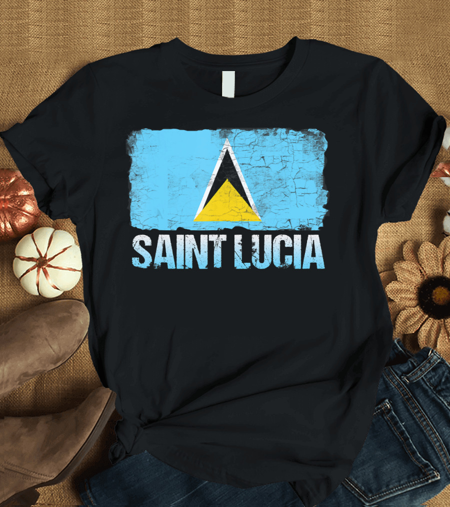 Saint Lucia Flag Distressed Blue and Yellow Triangles T-Shirt