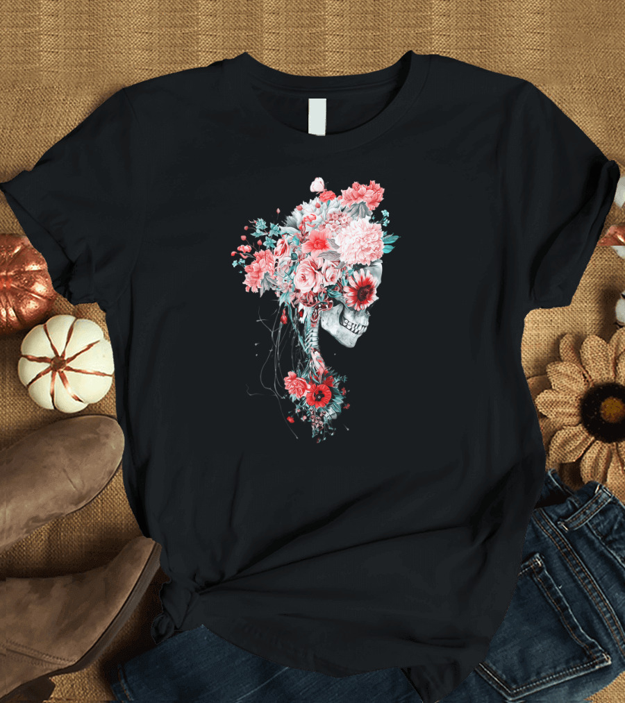 Skeleton Bride Floral Skull with Pink Flowers T-Shirt