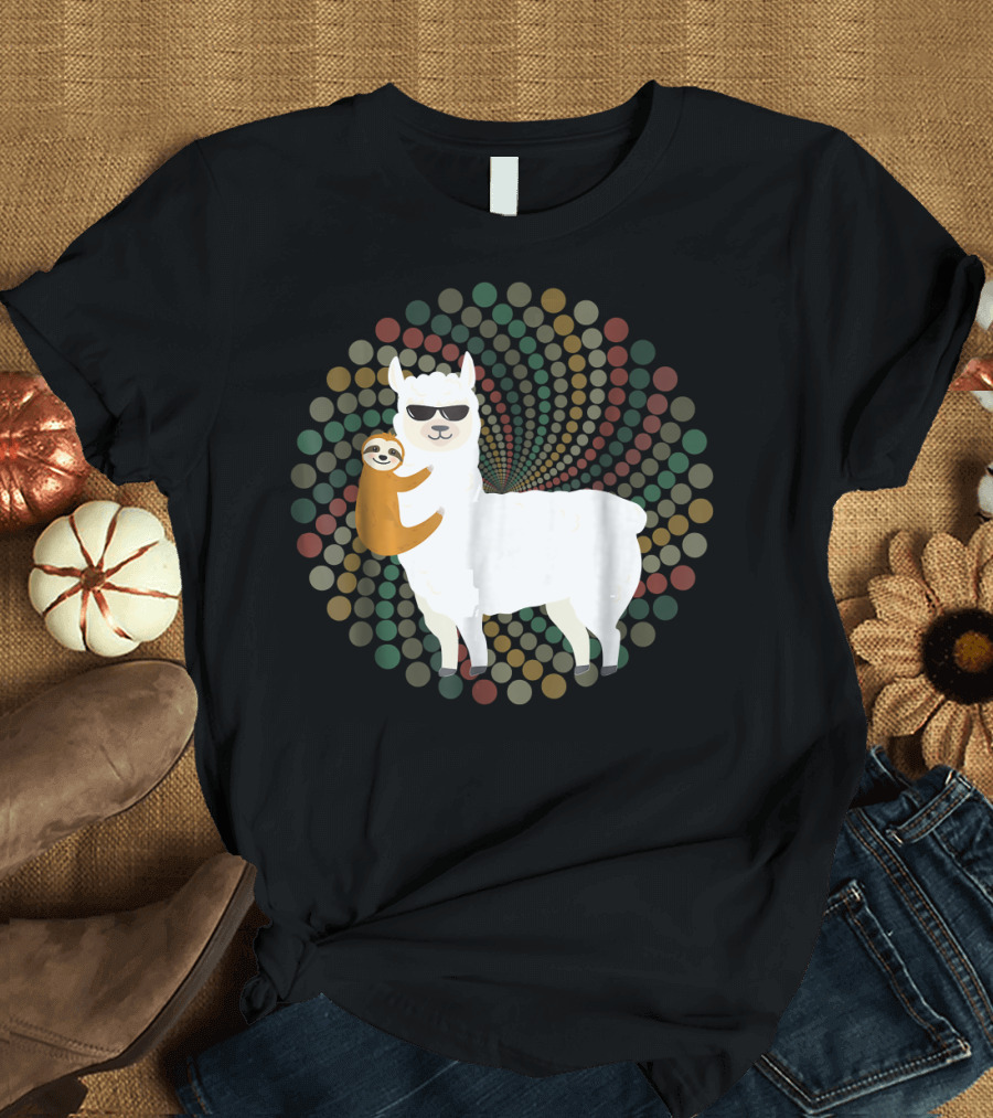 Sloth Hugging Cool Llama with Colorful Spiral Dots T-Shirt