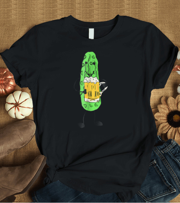 T-Shirt: Smilemoretees Funny Pickle Character with Beer Mug T-Shirt Smilemoretees Funny Pickle Character with Beer Mug T-Shirt
