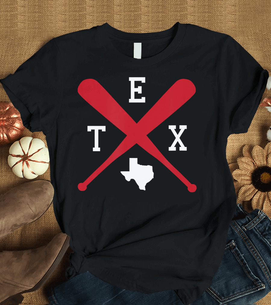 Texas Baseball TX State Outline with Red Crossed Bats T-Shirt