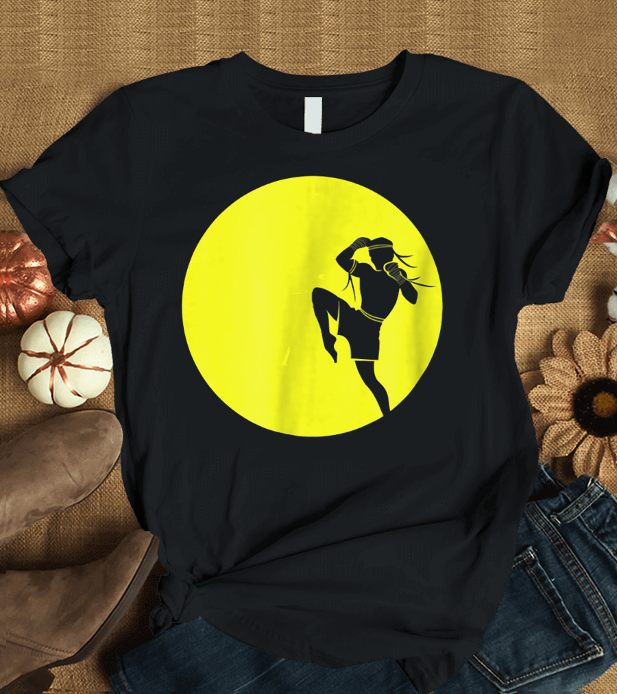 Thai Boxing Silhouette Flying Knee Full Moon Combat Move T-Shirt