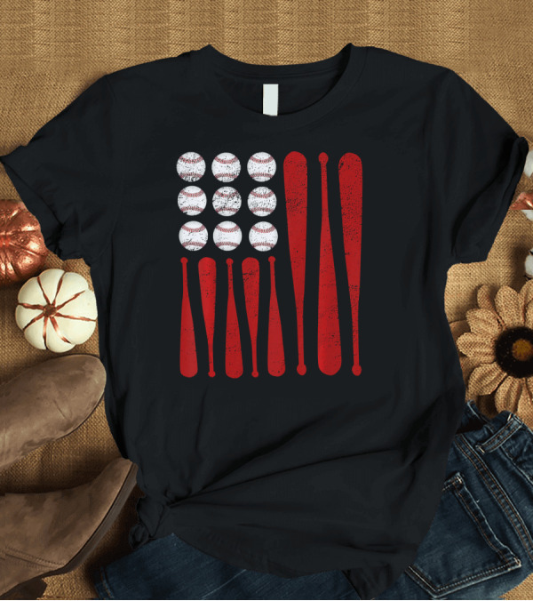T-Shirt: Baseball Bat and Ball American Flag Kids T-Shirt Baseball Bat and Ball American Flag Kids T-Shirt