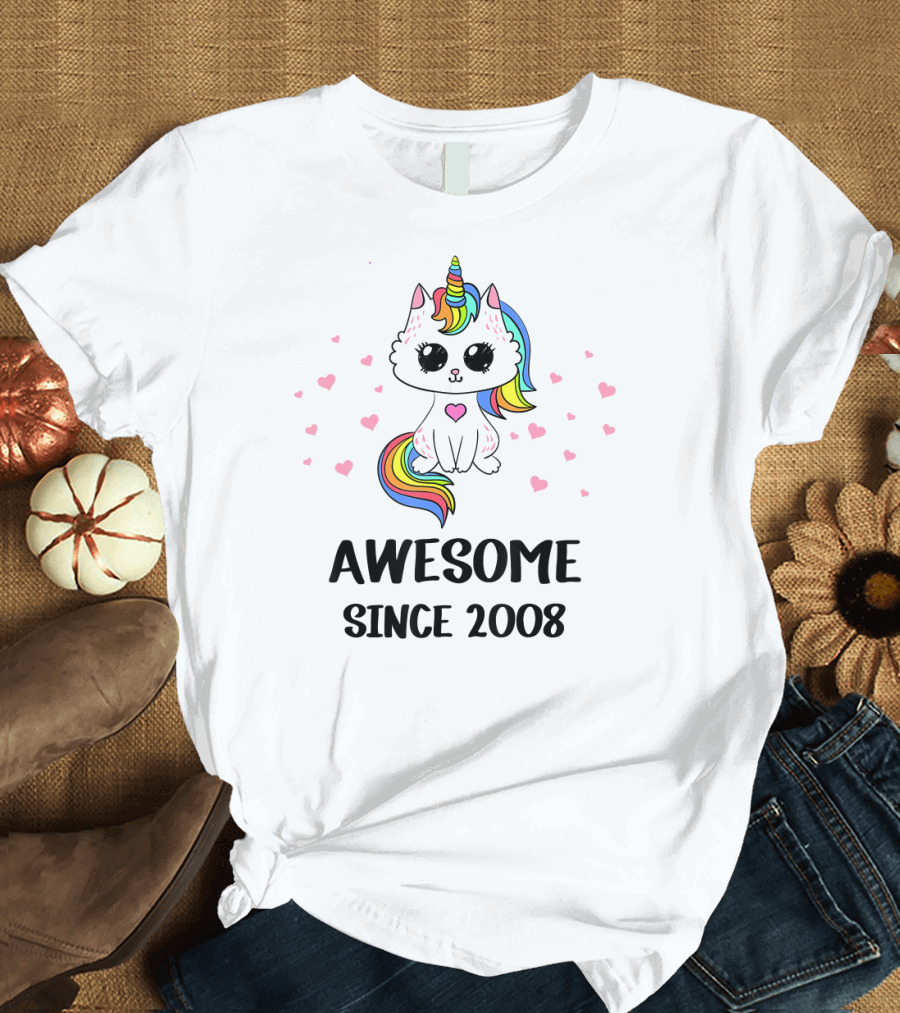 Awesome Cat Unicorn Heart Since 2008 11th Birth T-Shirt
