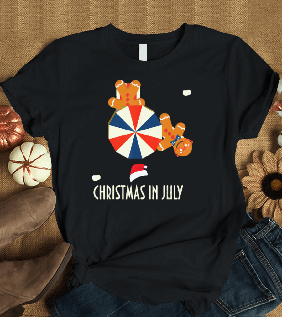 Gingerbread Man with Beach Umbrella Christmas in July Santa Hat T-Shirt