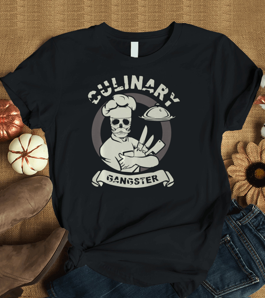Culinary Gangster Knife-Wielding Chef with Skull Mask and Serving Platter T-Shirt