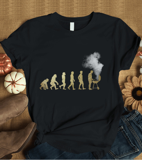 T-Shirt: Evolution of Grill Master Grilling Apes to Man BBQ Outline Smoke T-Shirt Evolution of Grill Master Grilling Apes to Man BBQ Outline Smoke T-Shirt
