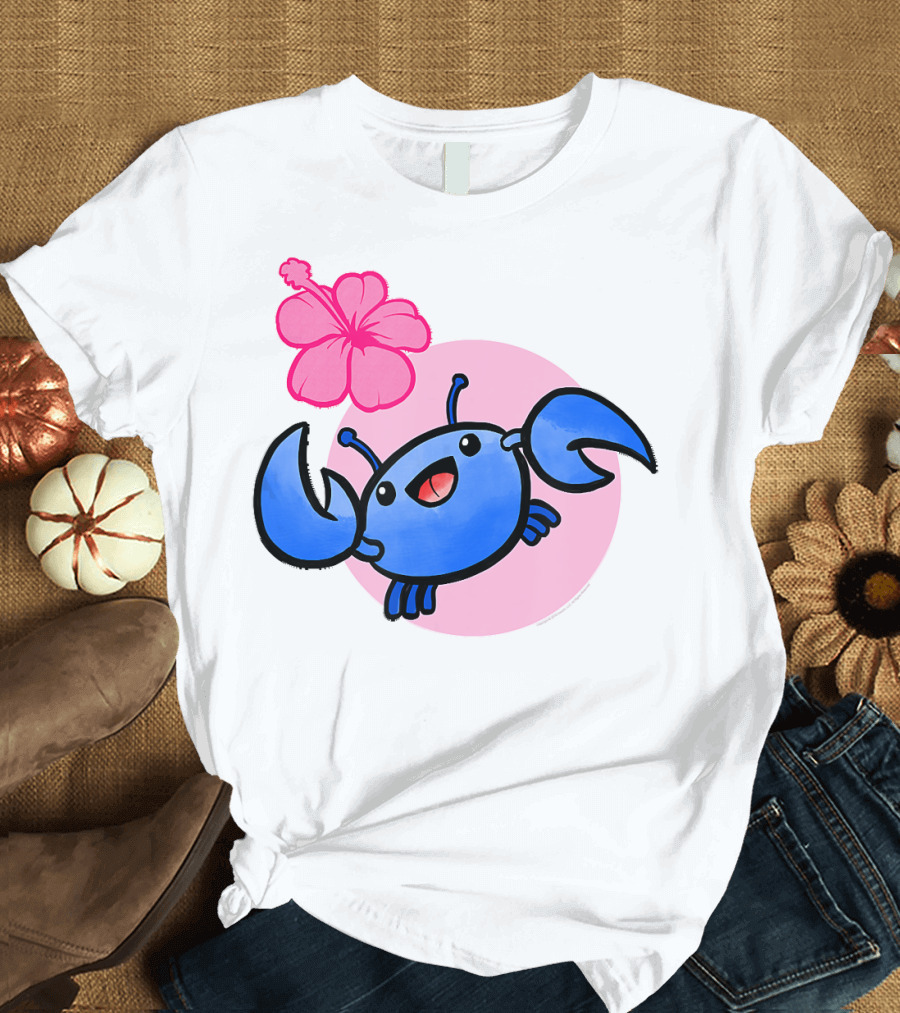 Kawaii Ocean Blue Crab with Hibiscus Blossom and Pink Circle Background T-Shirt