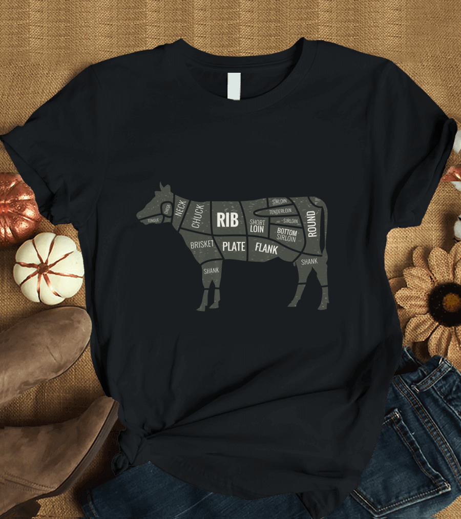 Meat Lover Cow Butcher Cuts Rib Sirloin Flank Brisket Chart T-Shirt