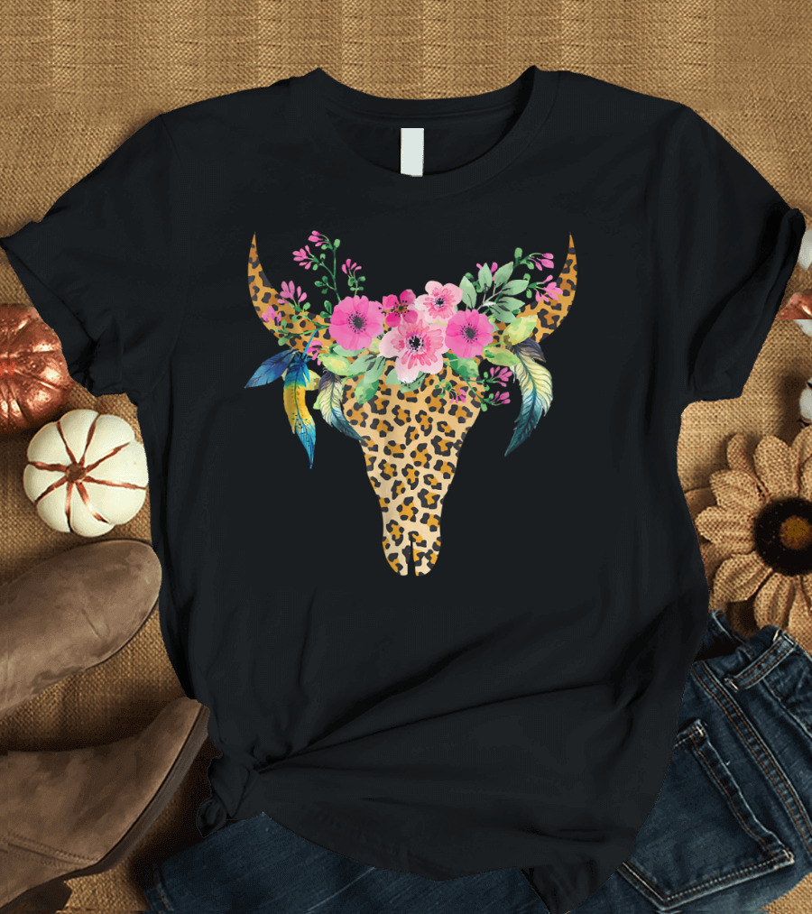 Mother's Day Cow Skull with Leopard Print and Floral Accents T-Shirt