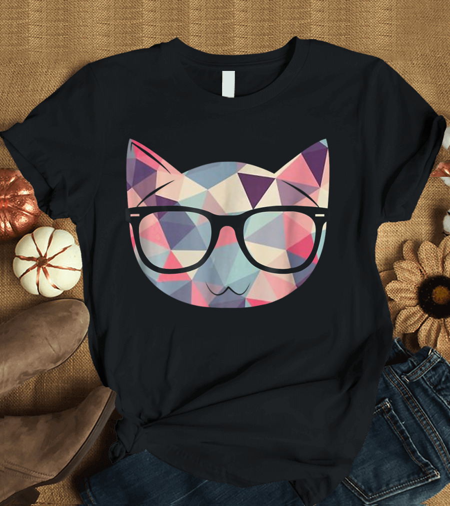 Nerd Cat with Glasses Geometric T-Shirt