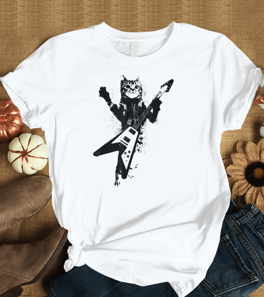 Punk Rockstar Kitty with Guitar T-Shirt