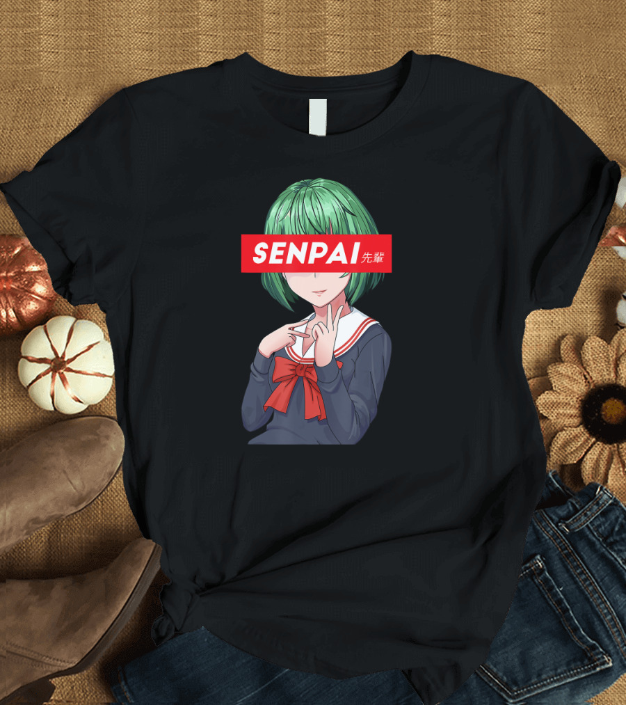 Senpai Japanese Anime Green-Haired Girl with Red Bow T-Shirt