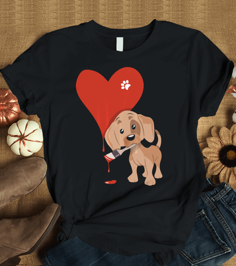 Valentines Day Cute Dog with Red Painted Heart and Paw Prints T-Shirt