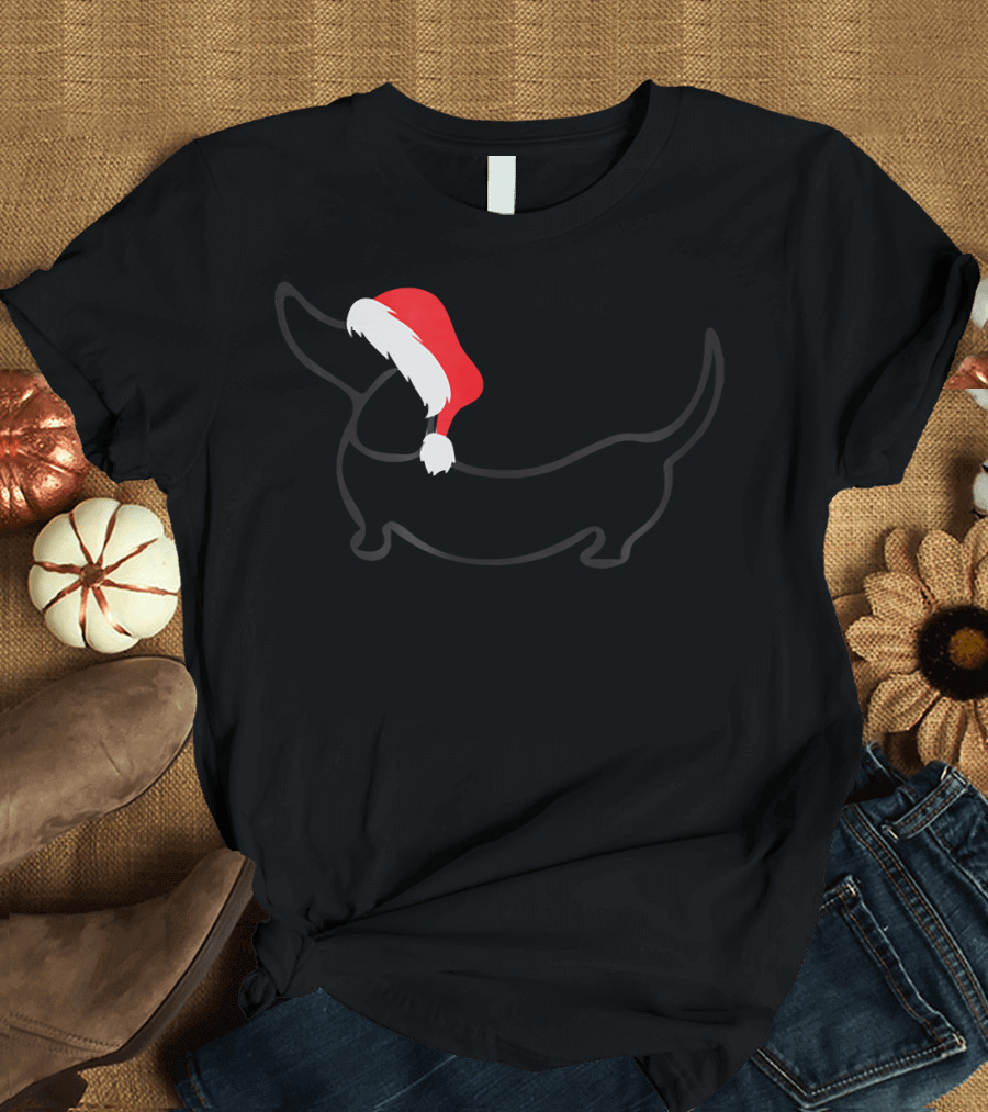 Dachshund Wearing Santa Hat Outline T-Shirt
