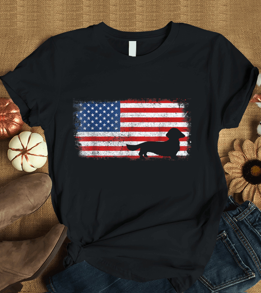 DACHSHUND LONG HAIR Silhouette American Flag T-Shirt