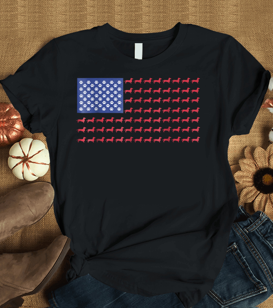 Dachshund Paw Print American Flag T-Shirt