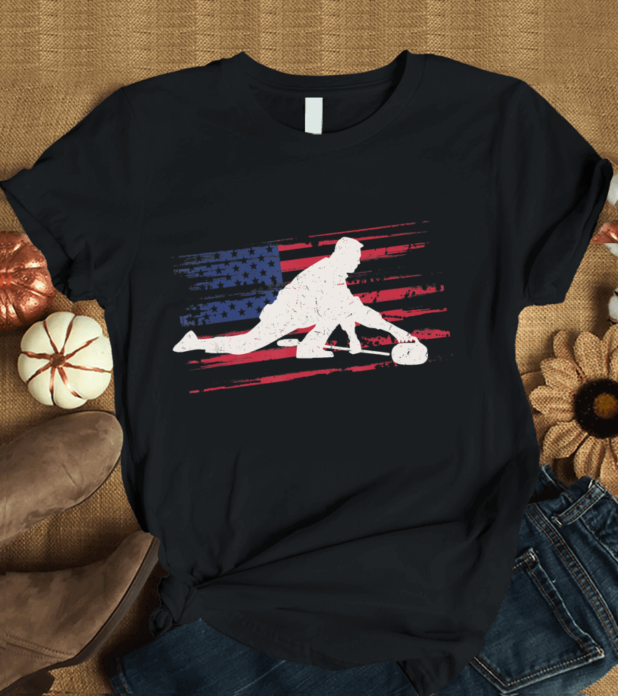 Cool Curling Player US Flag Winter Sports T-Shirt