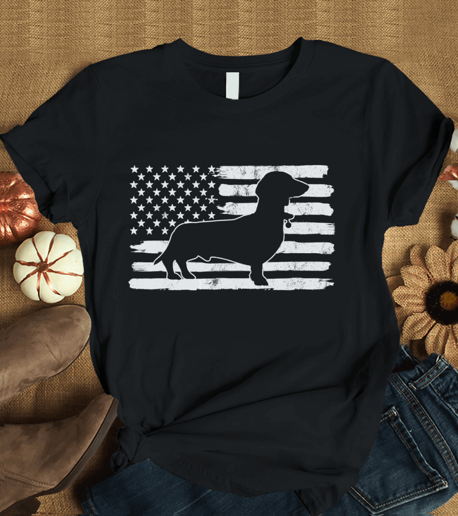 Dachshund Silhouette on Distressed USA Flag 4th of July America T-Shirt