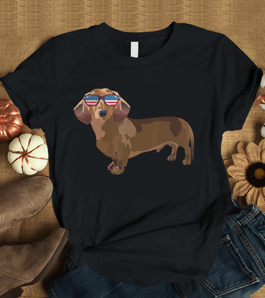 Dachshund Wearing American Flag Sunglasses Funny Dachshund Lover T-Shirt