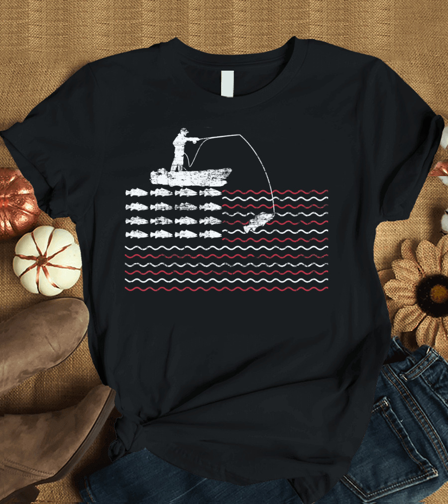 FISHING American Flag Fisherman Boat with Fish Waves T-Shirt
