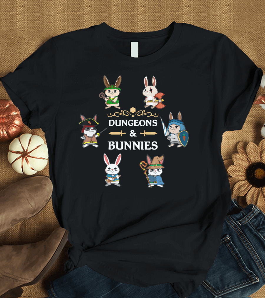 Dungeons and Bunnies RPG D20 Dragons Slayer Cute Fantasy Adventure Characters T-Shirt