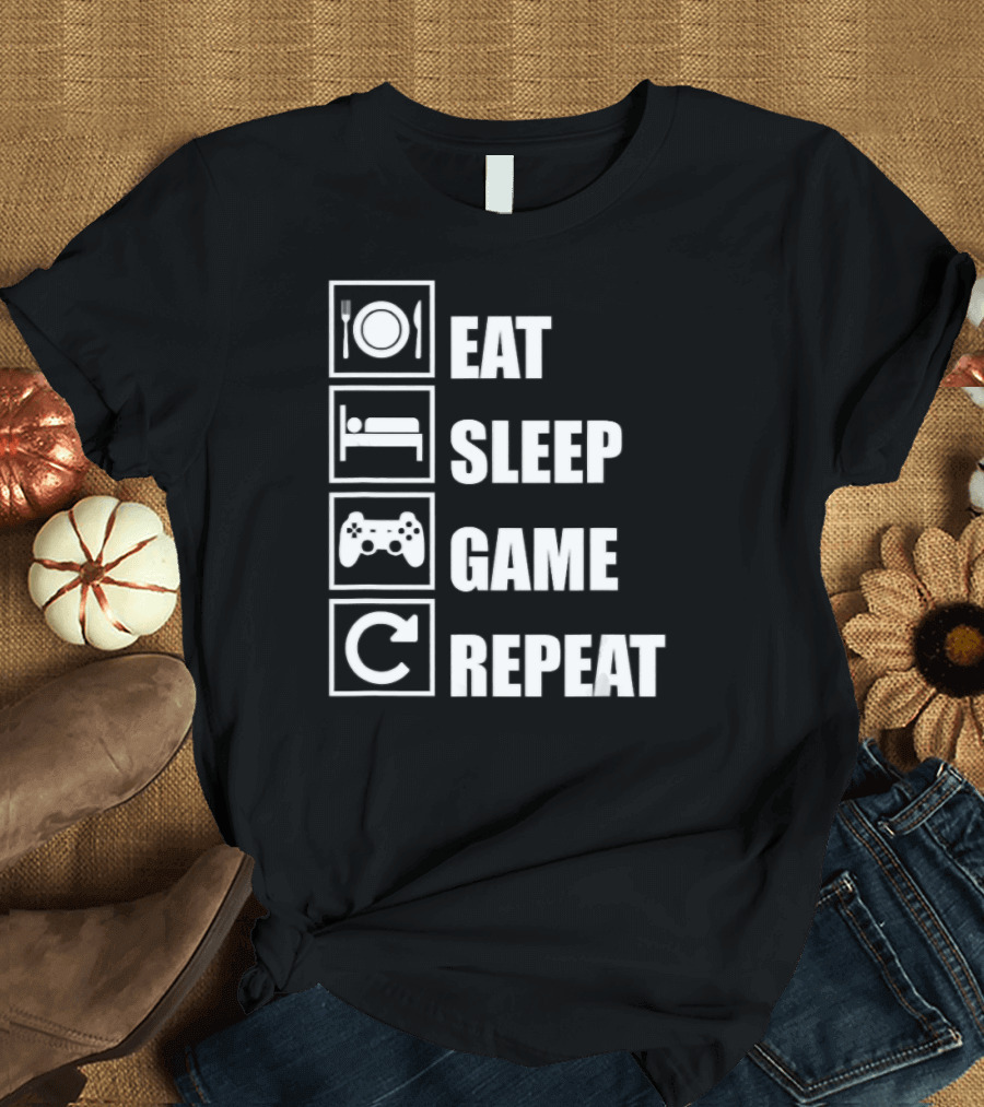 Eat Sleep Game Repeat Gamer Controller Plate Bed Cycle T-Shirt