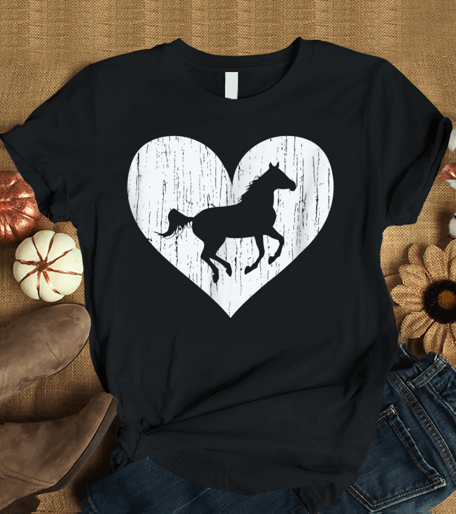 Equestrian Lovers Distressed Horse Silhouette Heart T-Shirt