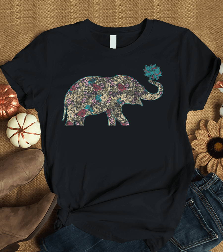 Floral Pattern Elephant Botanical Design with Colorful Floral Elements T-Shirt