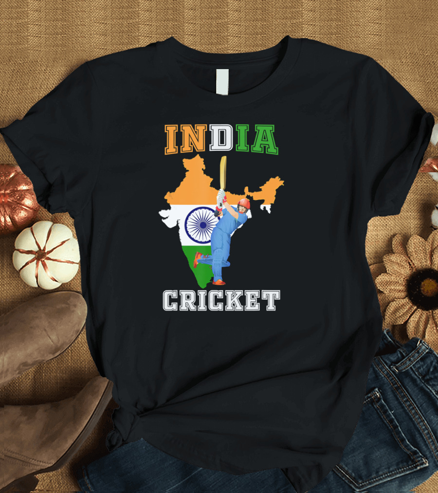India Cricket Cup Fan Batsman Indian Flag Background T-Shirt