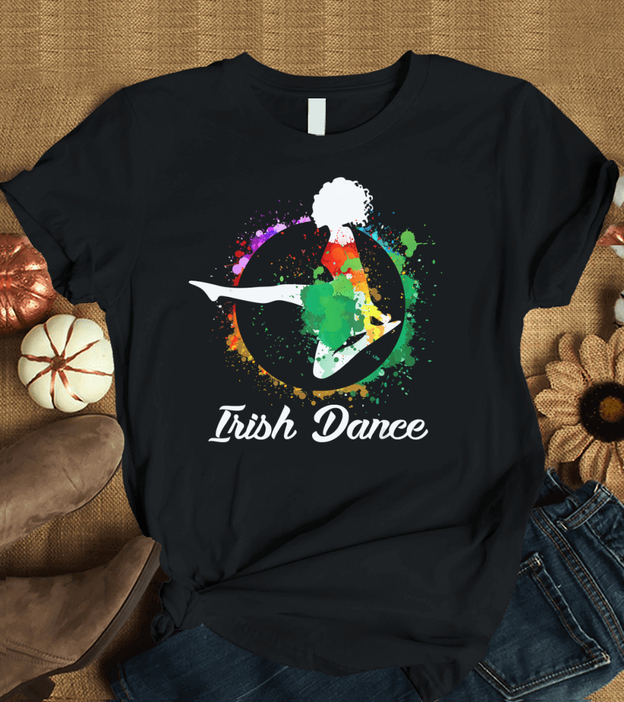 Irish Dance Jumping Silhouette with Colorful Splash T-Shirt
