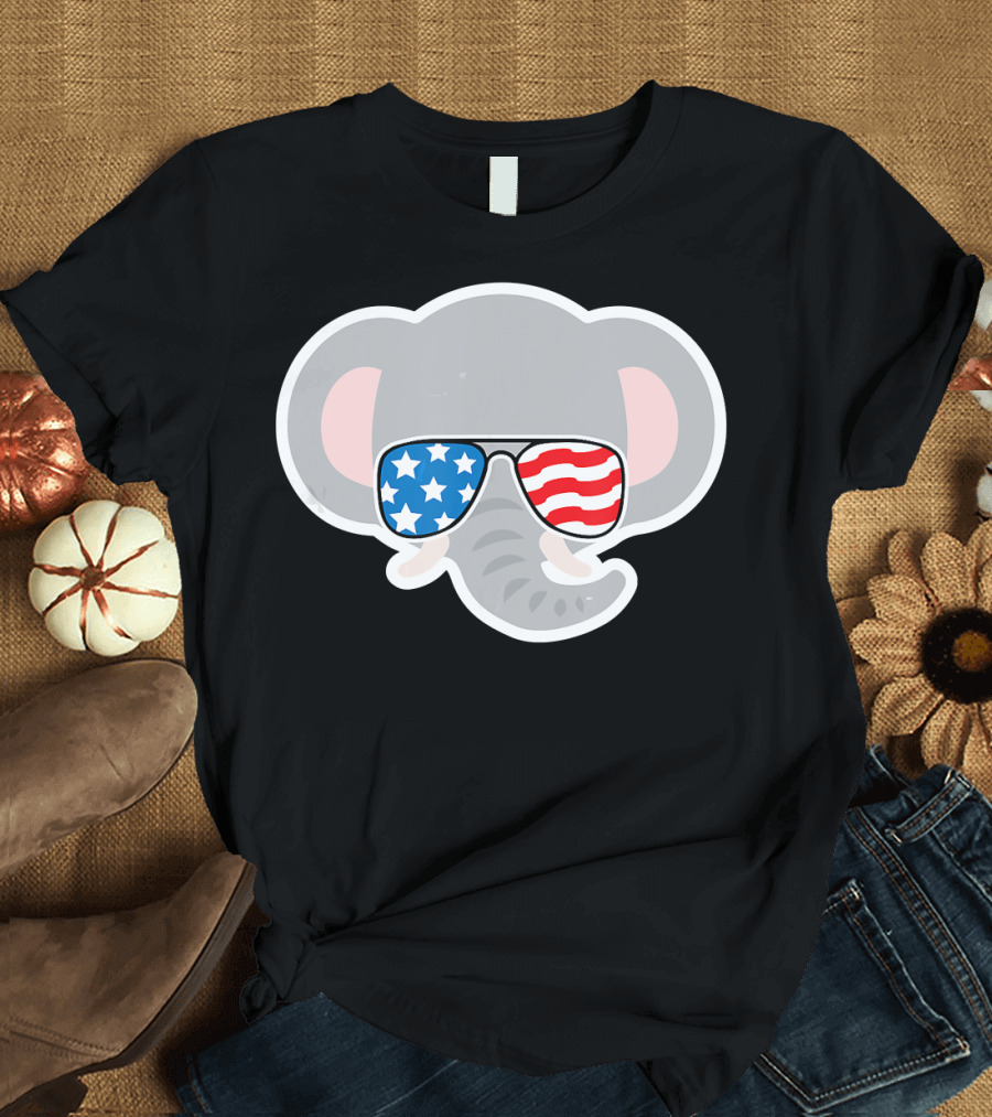 July 4th USA Elephant with American Flag Sunglasses T-Shirt