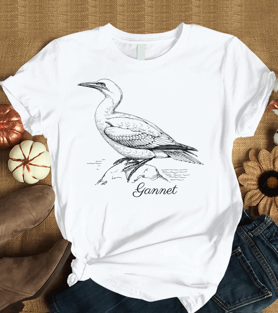 Gannet Bird Ornithology Black Drawing T-Shirt