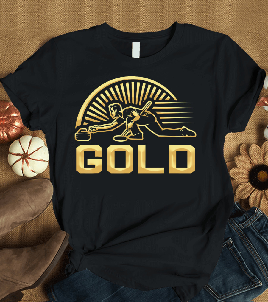 Gold Medal Curling Winter Sports Skip Bonspiel Iconic Gold Player T-Shirt