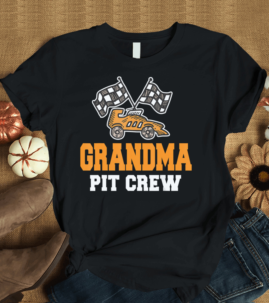 Grandma Pit Crew Racing Car with Checkered Flags T-Shirt
