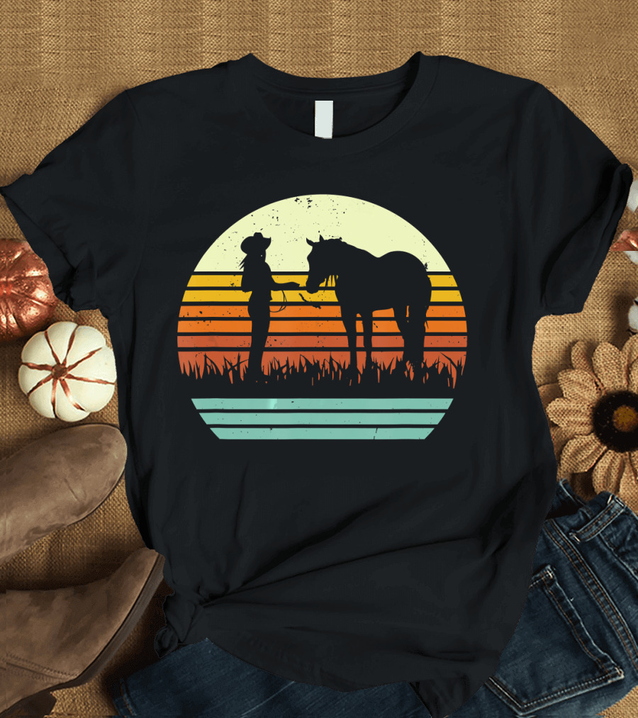 Halter Horse Show Style Cowgirl and Horse Sunset T-Shirt