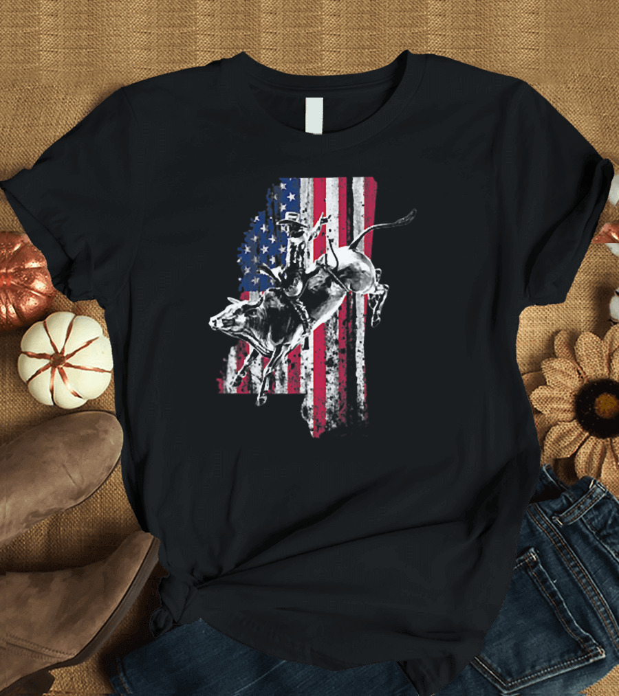 Mississippi Rodeo Cowboy Bull Rider with USA Flag T-Shirt