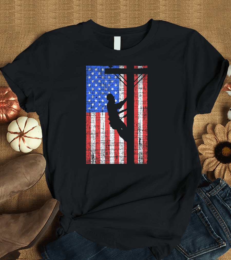 Lineman American Flag Electric Cable Linework Patriotic USA T-Shirt