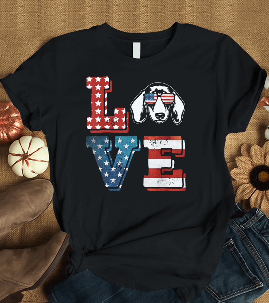 Love Dachshund American Flag USA 4th of July T-Shirt