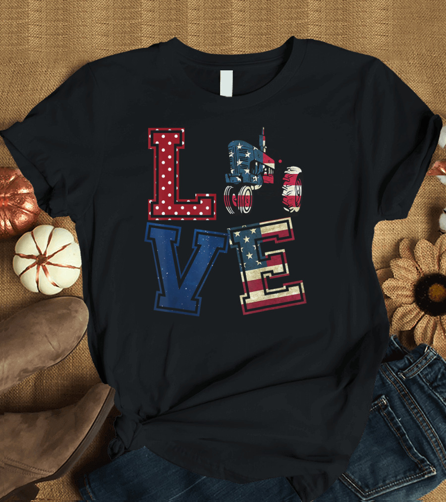LOVE American Flag Tractor Theme T-Shirt