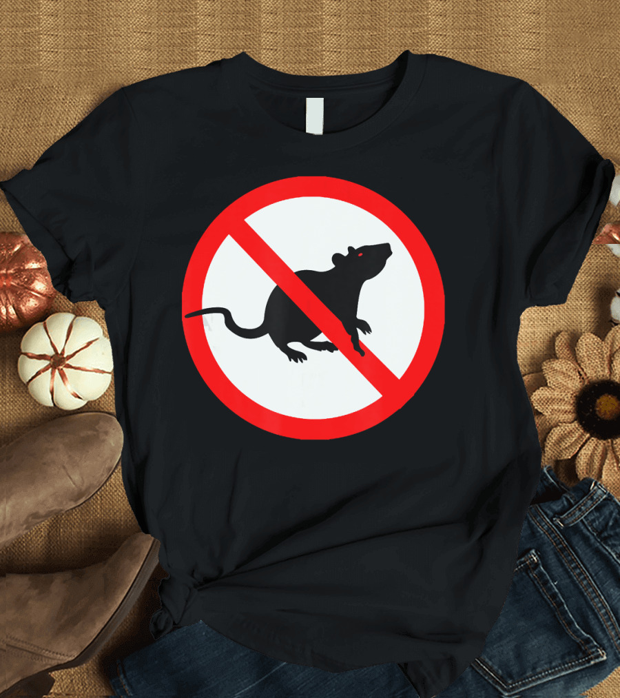 MAD THREDZ NO RATS Prohibition Symbol Black Rat Red Cross Circle White Fill T-Shirt