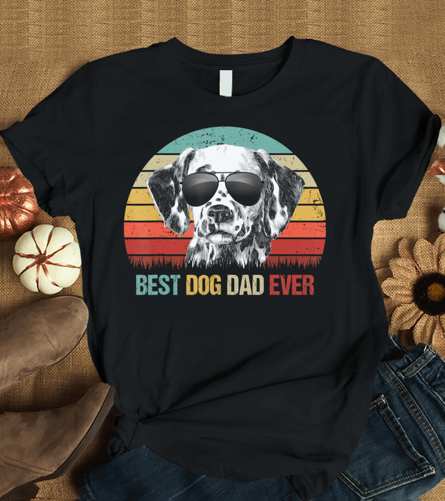 Best Dog Dad Ever Dalmatian Sunglasses Retro Stripes T-Shirt