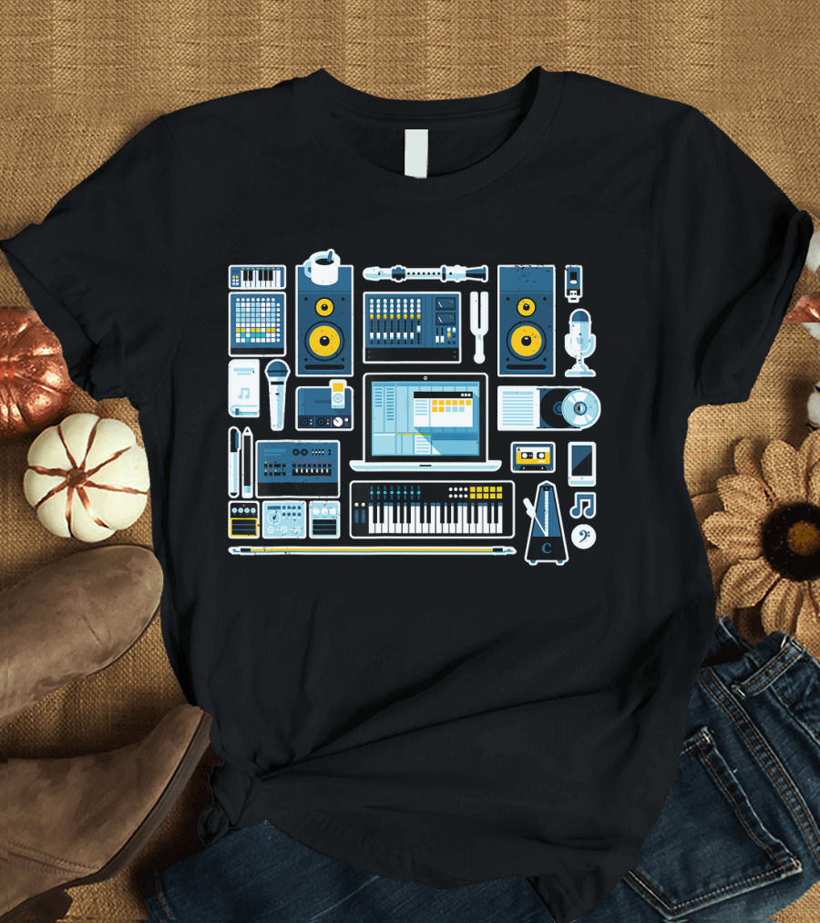Sound Engineer Music Production Equipment Icons Keyboard Microphone Speakers Studio Setup T-Shirt