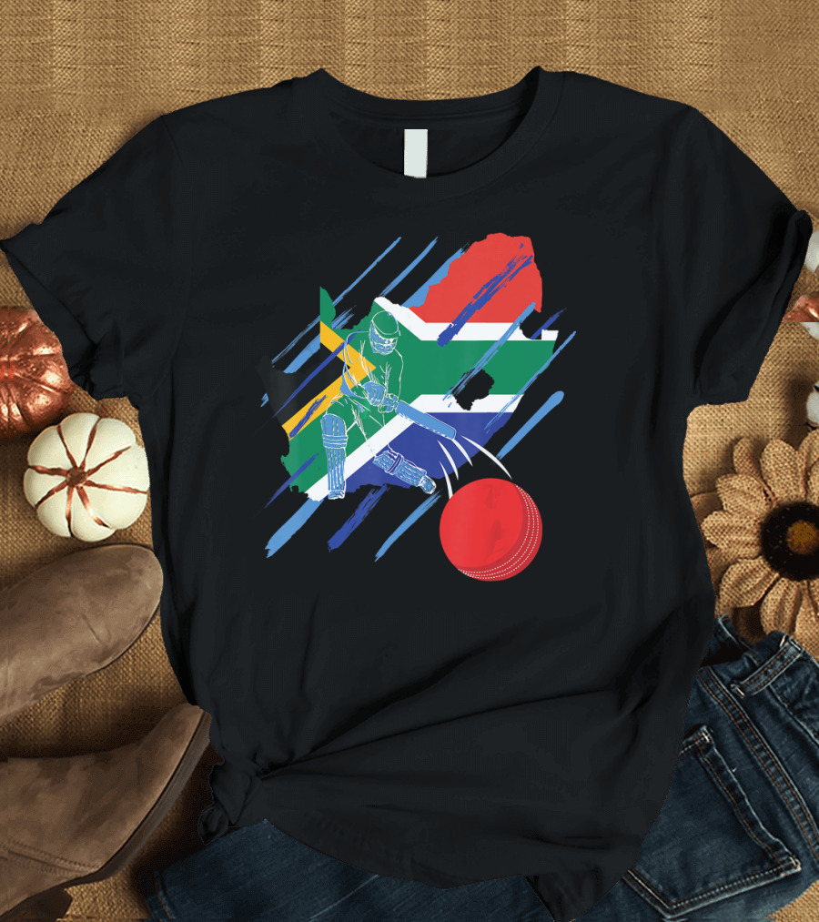 South Africa Cricket Fan or Player Map with Flag and Batsman T-Shirt