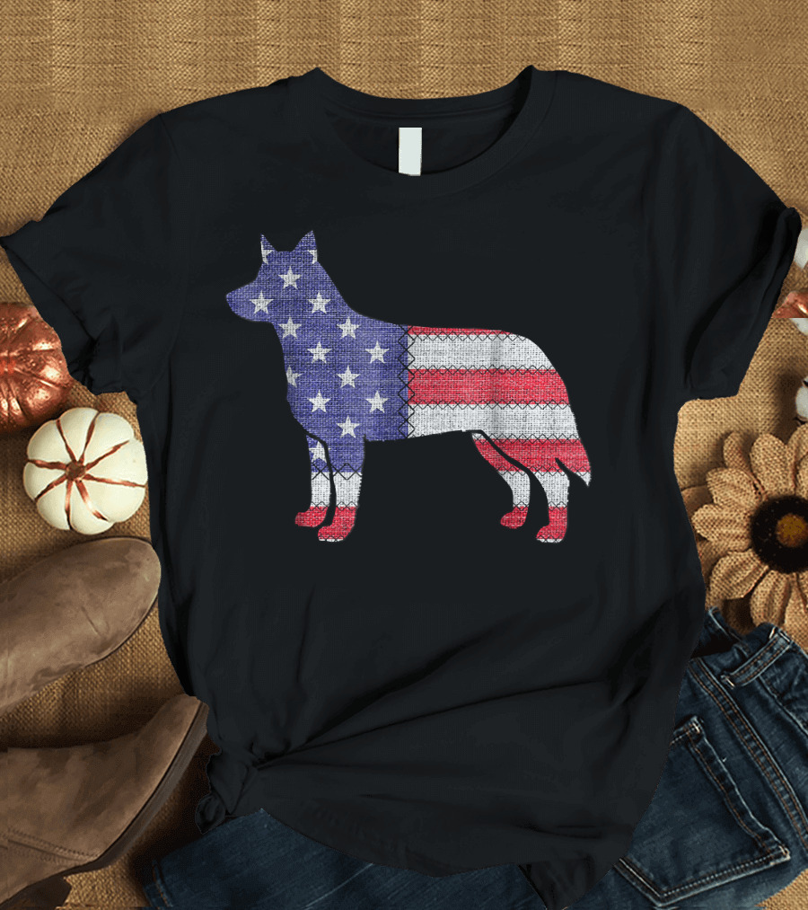 Patriotic Blue Heeler Silhouette with American Flag T-Shirt