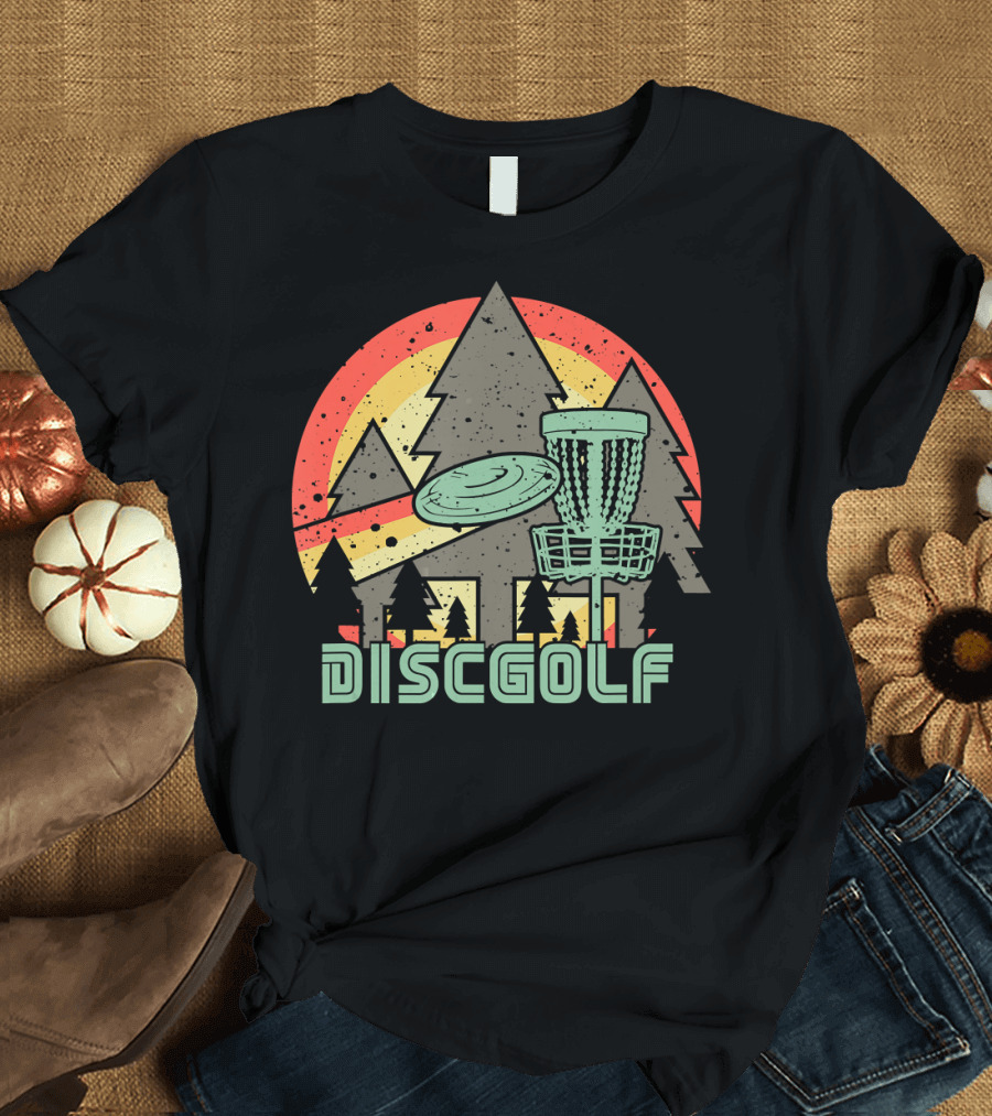 Retro Disc Golf Vintage Frisbee Forest Sunset T-Shirt