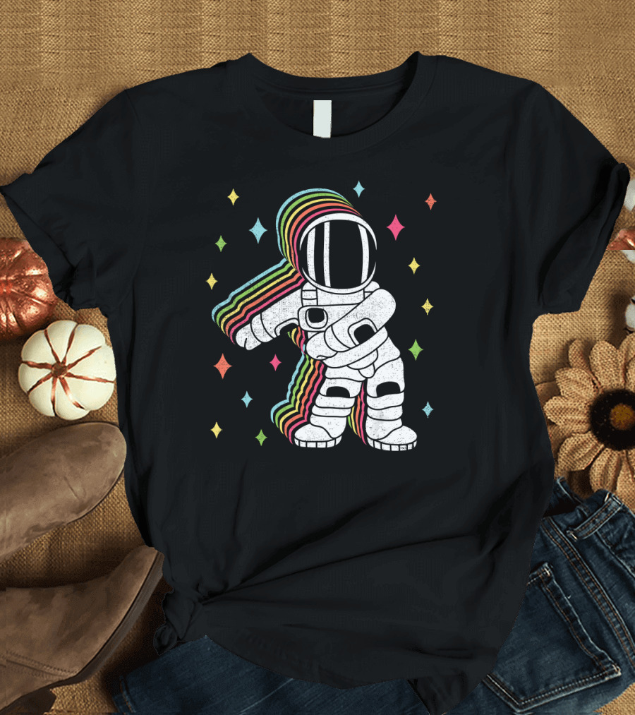 Retro Flossing Astronaut Spaceman Floss Dance with Rainbow Colors and Stars T-Shirt