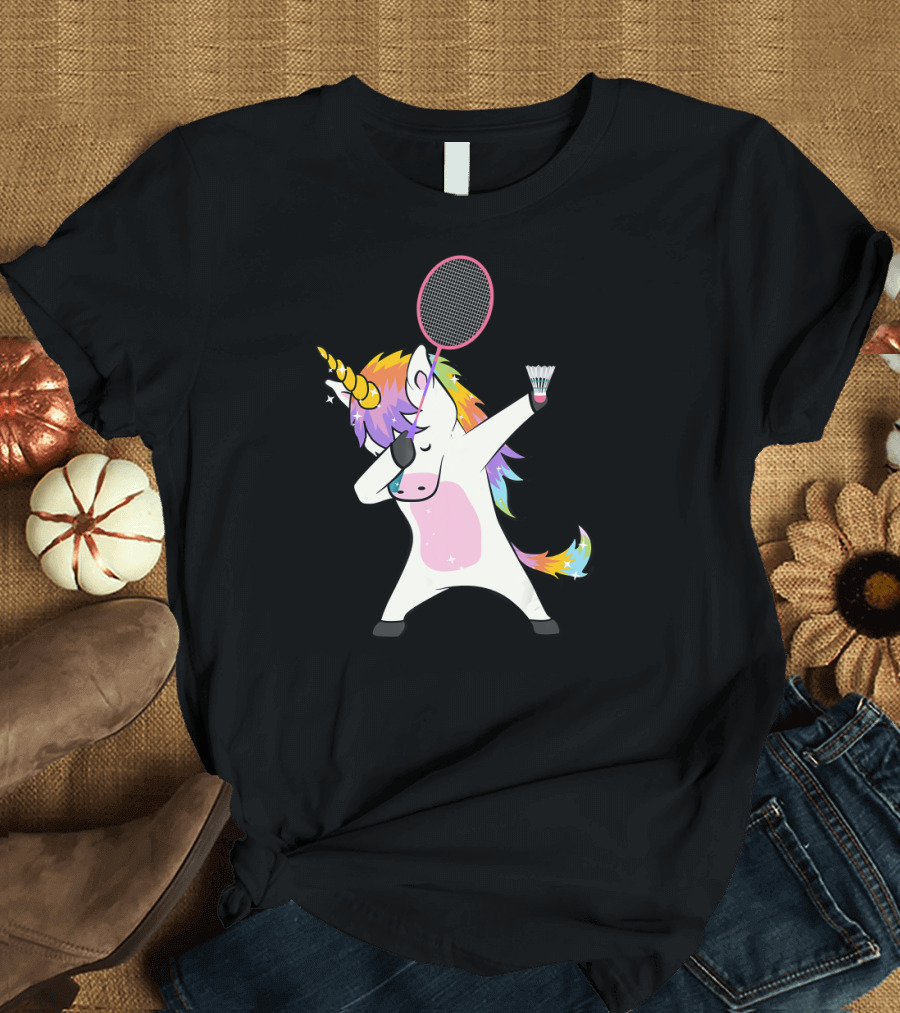 Unicorn Dabbing with Badminton Racket and Shuttlecock T-Shirt